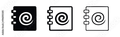 Spiral notebook with creative @ symbol icon set. Ideas, design, and planning.