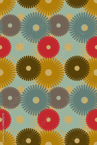 A dynamic seamless pattern featuring overlapping circular sunburst motifs with a unique ribbed edge design. The composition uses a bold, warm color palette of mustard yellow, deep red, 