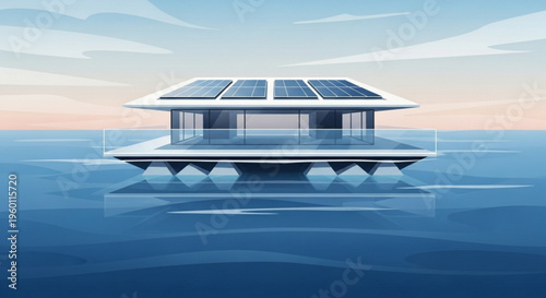 Floating eco friendly house with solar panels on the roof over calm ocean water at sunset or sunrise with clear blue sky and pinkish horizon
