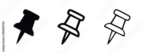 Pushpin and Thumbtack Icons Set. Office and stationery supplies for pinning notes and documents.