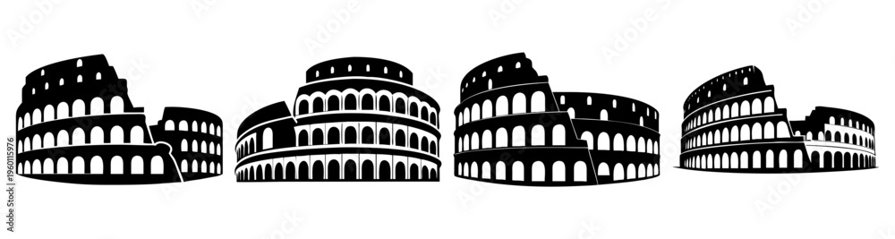 Obraz premium Ancient Roman Colosseum illustration set black white line art historical architecture landmarks vector sketch minimalist design travel icons