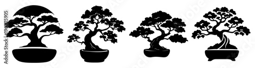 Set of five black silhouette bonsai trees in pots minimalist vector illustration zen nature decor