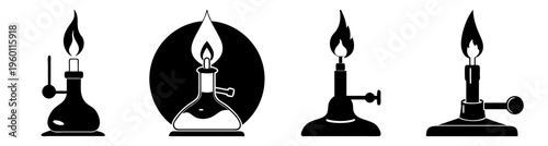 Bunsen burner flame laboratory science experiment vector illustration isolated black background education chemistry