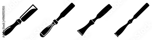 Set of four black metal chisels isolated on white background for woodworking and crafting tools