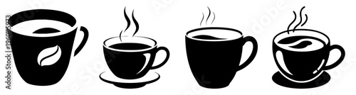 Four black coffee cups steaming hot on white background minimalist vector illustration for morning breakfast and cafe concept