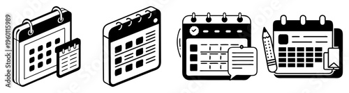 Set of four modern silver calculators isolated on white background for business finance accounting and office use