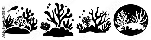 Black and white coral reef illustration set with seaweed underwater ecosystem vector design for marine life conservation and ocean habitat