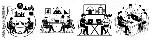 Flat design office workspace team collaboration meeting brainstorming ideas with laptops and charts in modern coworking space