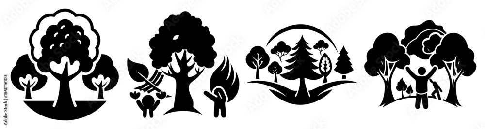 Fototapeta premium Hand drawn forest conservation icons set with trees, wolf, bear, owl, and mushrooms in black and white minimalist style