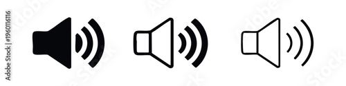 Volume icon set. Speaker or audio control symbol for sound adjustment with waves.