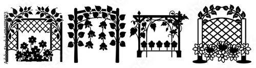 Black and white garden trellis design set with ornate patterns for outdoor decor and wedding backdrop vector illustration