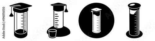 Black and white science lab equipment set with graduated cylinders and balance scale for education and research