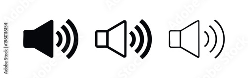 Volume icon set. Speaker or audio control symbol for sound adjustment with waves.