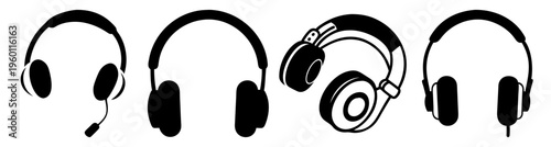 Set of black wireless headphones isolated on white background modern design audio technology vector illustration