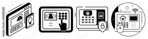 Modern home security system control panels set with keypads, fingerprint scanner, and wireless technology icons for smart safety