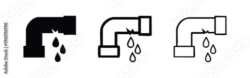 Leaking Broken Pipe Icons Set. Water Drip from Damaged Plumbing Symbol.