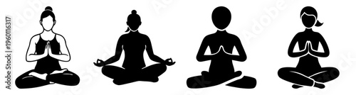 Four diverse people meditating in lotus pose on white background minimalist yoga mindfulness illustration