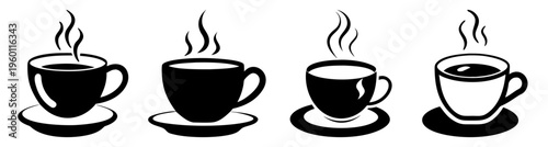 Four steaming hot coffee cups with rising steam on minimalist black and white saucers isolated illustration vector