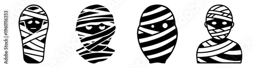 Black and white mummy icons set isolated on transparent background vector illustration Halloween horror theme