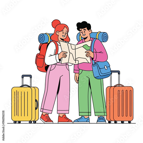 Two travelers with luggage and backpacks looking at a map together