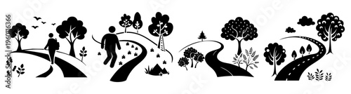 Diverse group of hikers walking on mountain trail with backpacks enjoying nature adventure and scenic landscape in black and white illustration