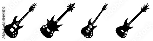 Set of five black electric guitars with spikes isolated on white background punk rock music instruments collection