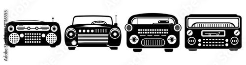 Set of four vintage car radios with knobs and speakers in black and white retro style illustration isolated on white background
