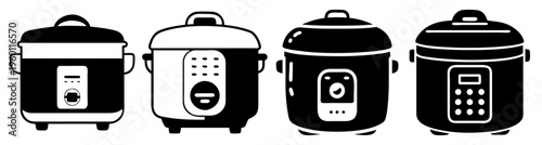 Set of four modern black and silver electric rice cookers isolated on white background for kitchen appliances and cooking concept