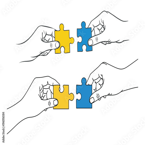 Two hands holding puzzle pieces coming together in partnership