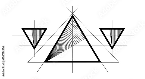 Precise geometric construction of triangles with lines, architectural blueprint on an isolated white background.