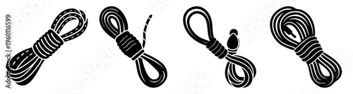 Rock climbing rope coiled set with carabiner isolated on white background for safety and adventure sports