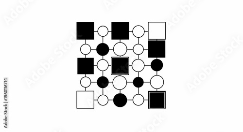 Abstract Geometric Grid Pattern with Black and White Squares and Circles on Isolated White Background