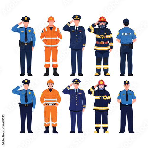 Emergency responders and uniformed personnel in various salutes and uniforms