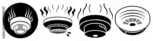 Modern black smoke detectors with alarm waves isolated on white background vector illustration set