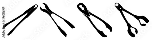 Set of three black metal kitchen tongs isolated on white background for cooking and grilling tools