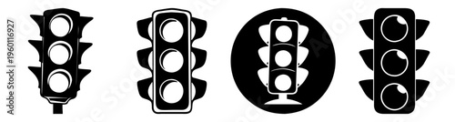 Set of four black traffic lights isolated on white background for road safety and urban transportation design