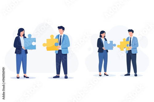 Business professionals assembling puzzle pieces in a collaborative team effort