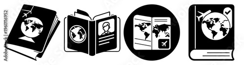 Travel guidebook collection with world map and compass icons on dark background for global tourism and adventure planning