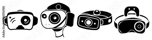 Set of four modern VR cameras and action cams in black and white line art vector illustration for tech and gaming