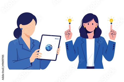 Two businesswomen analyzing data and holding lightbulbs representing innovative ideas and solutions