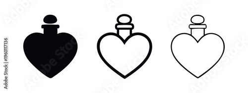 Heart shaped love potion bottle icon set for Valentine's Day or magic