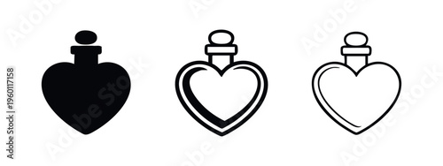 Heart shaped love potion bottle icon set for romance and magic with different styles
