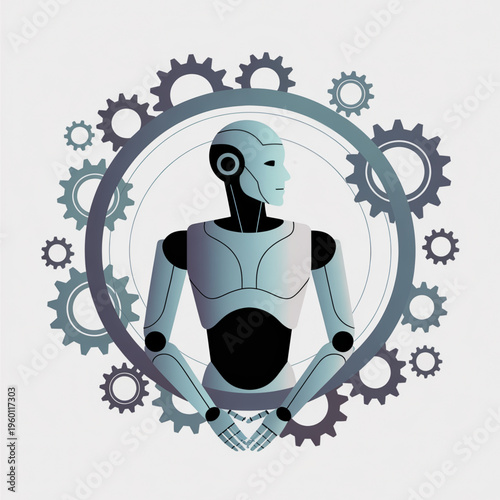 A futuristic robot meditating in a circle of gears and cogs, surrounded by a minimalist design