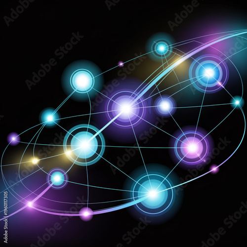 A vibrant vector graphic illustration of a glowing network of interconnected nodes and lines in shades of blue, purple, and yellow on a black background.