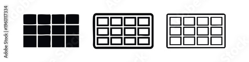 Waffle or Grid Pattern Icon Set, featuring square array symbols for data, layout, or breakfast concepts in multiple styles