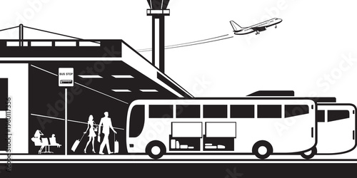 Passengers get in the bus from airport terminal to the city - vector illustration
