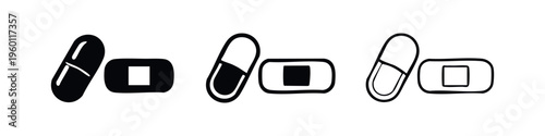 Medical Pill and Bandage Icon Set - Medicine and First Aid Symbols in Various Styles