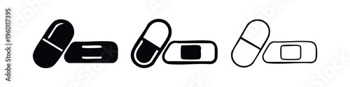 Medicine Capsule and Adhesive Bandage Icons - Healthcare and Treatment Vector Set