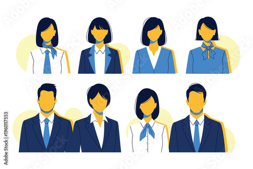 Eight business professionals in two rows of four cartoon style illustrations