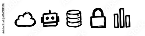 Hand-drawn set of technology icons including cloud computing, robot head for AI, database storage, security padlock, and bar chart for data analytics. Minimalist black doodle on white background.